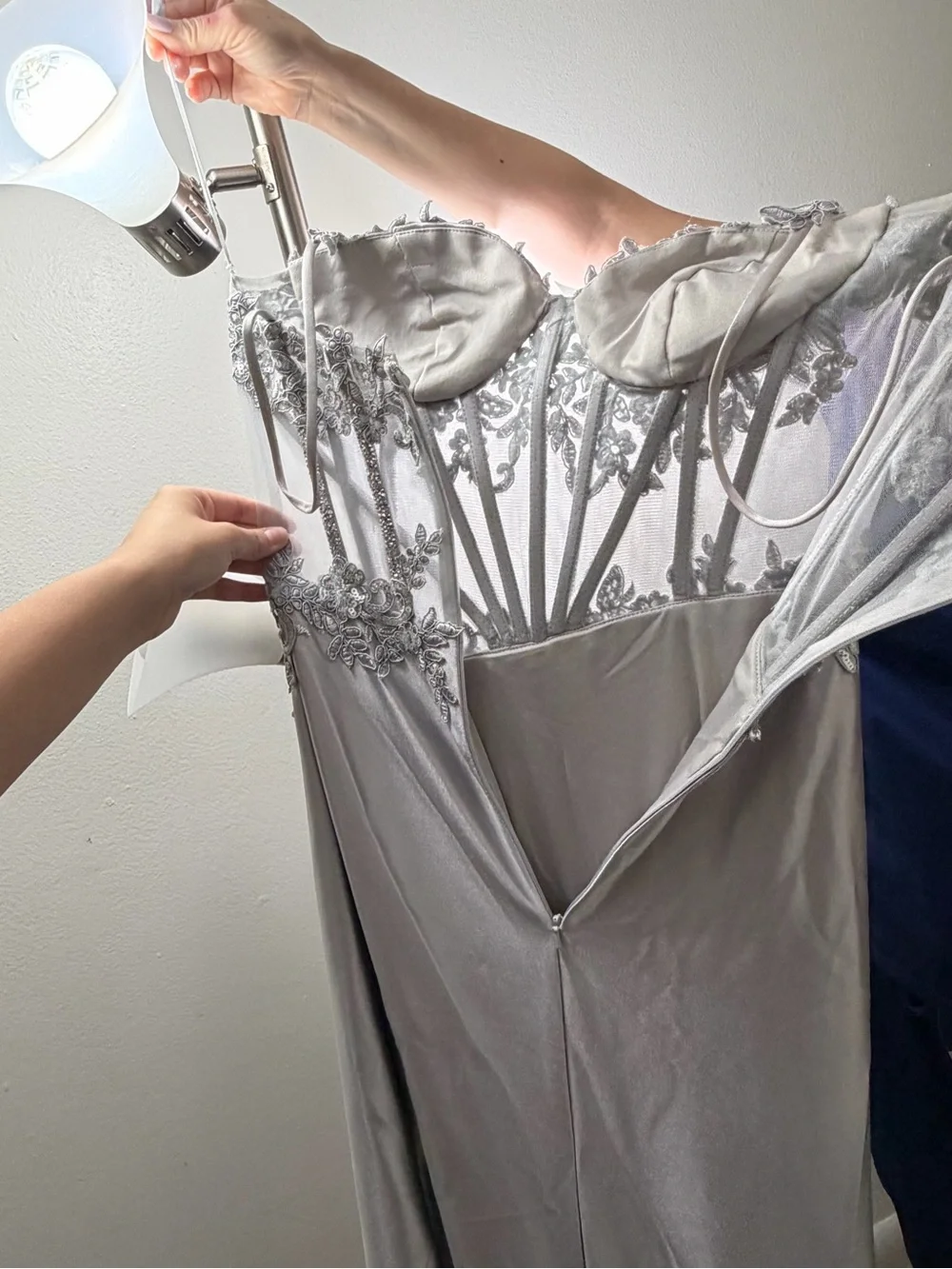 Silver Embellished Corset Prom Dress with Sheer Bodice